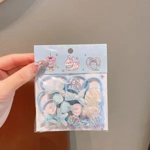 Cute cartoon rabbit hair ties set for kids, sweet blue elastic rubber bands with resin bows shells.