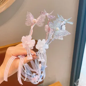 Detailed view of children fairy butterfly hair hoop with ribbons, pink and blue princess style.