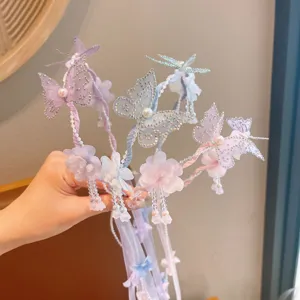 Children ancient style butterfly flower hair hoop ribbon tassel girl performance headpiece