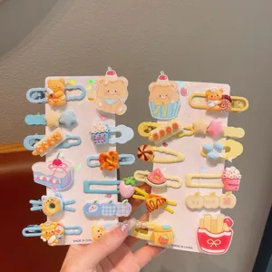 Cute dopamine cartoon hair clips set, colorful resin duckbill clips for kids daily hair styling details.
