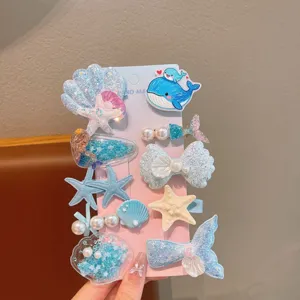 Cute ocean series hair clips set for kids, sweet seashell starfish design, sparkling hair accessories.