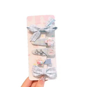 Cute blue plaid hair clips set with sweet cartoon resin charms for girls daily hair styling accessories