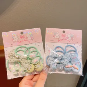 Cute cartoon rabbit hair ties set for kids, polka dot bow pearl rubber bands hair accessories.