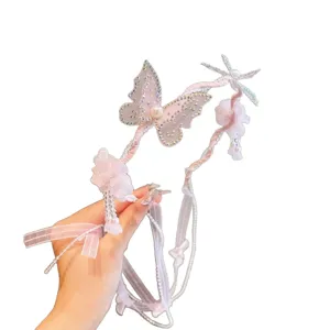 Children's Pink Butterfly Flower Hairband Princess Ribbon Headpiece for Stage Performance Party
