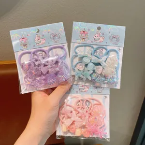 Cute cartoon kids hair ties set featuring rabbit, shell and starfish resin accessories.