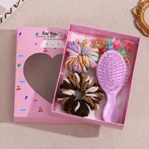 Kids hair accessories set with pink gift box, colorful hair ties and cute hair brush.