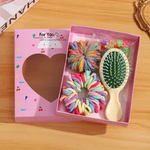 Kids hair accessories gift set cute hair brush scrunchies mini claw clips pink box packaging
