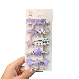 Colorful sea star shell hair clips set for girls cute purple rhinestone hair accessories