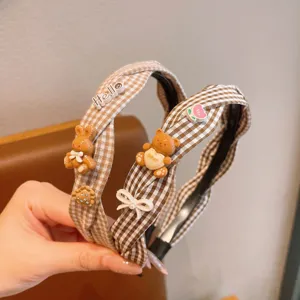 Cute plaid kids headband with sweet animal charms, soft anti-slip hair hoop for girls daily wear.