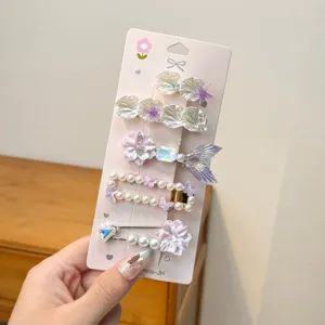 Summer new mermaid seashell starfish hair clips set, elegant pearl floral side clip accessories.