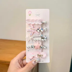 Pink starfish and shell hair clip detail, cute resin side hairpin set for girls.