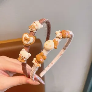 Süße Kinder Stoff Haarreif Set mit niedlichen Harz Bär und Herz Anhänger Anti-Rutsch Haarschmuck