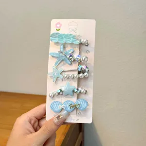 Blue seashell starfish hair clips set, cute pearl side clips for girls hair accessories daily wear.