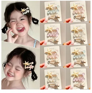 Cute starfish seashell hair clips for girls, colorful pearl hairpins sweet kids hair accessories