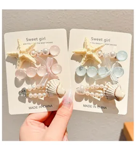 Starfish seashell kids hair clips set with pearls and bows, cute colorful hair accessories.
