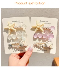 Children starfish shell hair clips cute pearl bow hairpin set for little girls side hair accessories