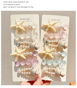 Children colorful starfish shell hair clips cute bow pearl hairpin sweet girl hair accessories