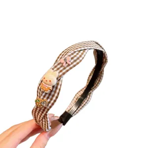 Kids brown gingham headband with cute rabbit charm, non-slip sweet hair hoop for girls daily wear.