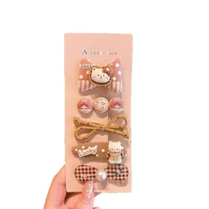 Cute brown plaid hair clips set sweet cartoon cat hair accessories for women and girls