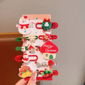Christmas hair clips set for kids, cute resin cartoon designs including snowman and tree hairpin.
