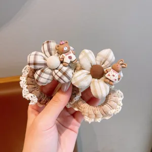 Sweet plaid floral hair scrunchies with cute lace trim and animal charms for daily styling