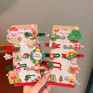 Children Christmas hair clips set featuring cute cartoon designs like Santa and trees for holiday parties.