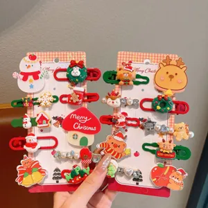 Christmas hair clips set for kids, cute cartoon snowman and reindeer designs for holiday gifts.