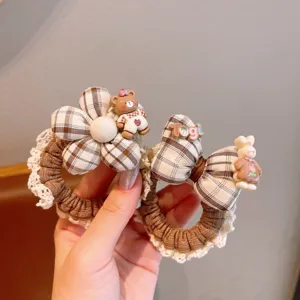 Cute plaid lace hair scrunchie with sweet bear and rabbit charms for sweet girls daily wear.