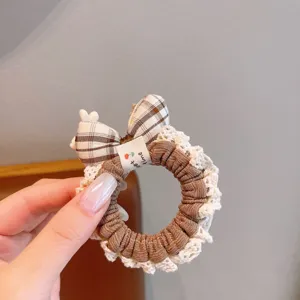 Brown plaid and white lace hair scrunchie with cute bow and cat ear detail, sweet ponytail holder.