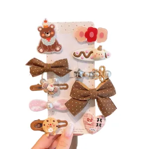 Süße braune Schleifen Haarspangen Set für Mädchen, süße Cartoon Bär Haarnadeln Perle Haarschmuck.