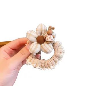 Sweet plaid floral hair scrunchie with lace trim and cute rabbit doll ornament for women