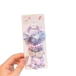 Cute purple hair ties set for kids with plaid bow and cartoon rabbit charms, sweet hair accessories.