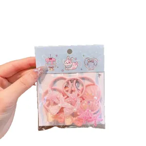 Cute pink cartoon hair ties set for kids with hair ropes, starfish and bows, sweet daily use.