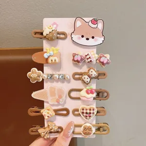 Kids cute cartoon hair clips set, brown and pink aesthetic sweet bb clips for daily styling.