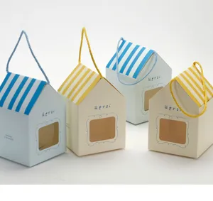 Small house window gift box detail, striped roof bakery packaging box for party favors 10pcs