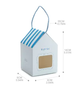 House shaped paper gift box with window blue striped roof party favor packaging box 10pcs