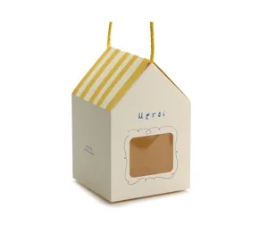 House-shaped paper gift box with striped roof and window cutout, perfect for bakery and gifts detail.