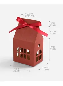Red house shaped paper gift box with red ribbon bow, hollow window design for candy favors