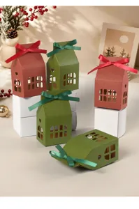 Christmas house gift box with bow hollow window paper candy packaging box detail view