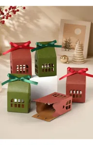 Christmas house gift box with ribbon bow hollow window paper candy packaging box for holiday party 10pcs