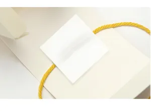 Detail view of the paper gift box with yellow rope and white label, elegant packaging choice.