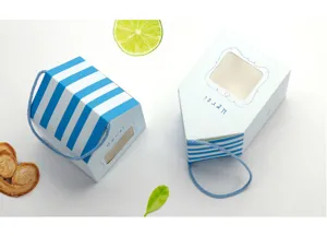 House-shaped gift box with blue stripes, window and handle for baking and party favors.