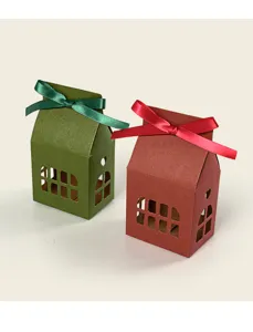 Christmas house shaped paper gift box with ribbon bow and hollow window design for candy.