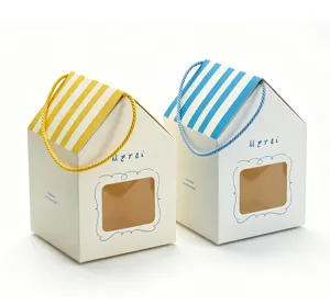 House shaped gift boxes with window and stripe roof, perfect baking packaging, 10pcs.