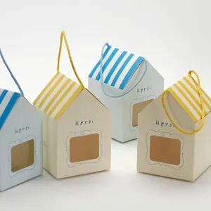 Ins Style Small House Window Tote Gift Box Stripe Roof Baking Gift Packaging Box Party Favors Goodies Storage Box