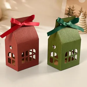 Christmas house gift boxes with ribbons, hollow window design, folding paper candy boxes 10pcs