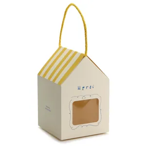 House shaped paper gift box with window handle and yellow stripes packaging 10pcs