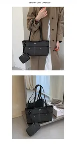 Sac cabas en toile gris foncé style coréen sac bandoulière décontracté avec petite pochette femme