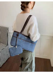 Sac cabas bandoulière en denim décontracté avec petite pochette, sac à main coréen élégant femmes.