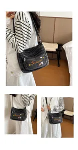 Multi-compartment denim crossbody bag cute embroidered casual shoulder bag for women.